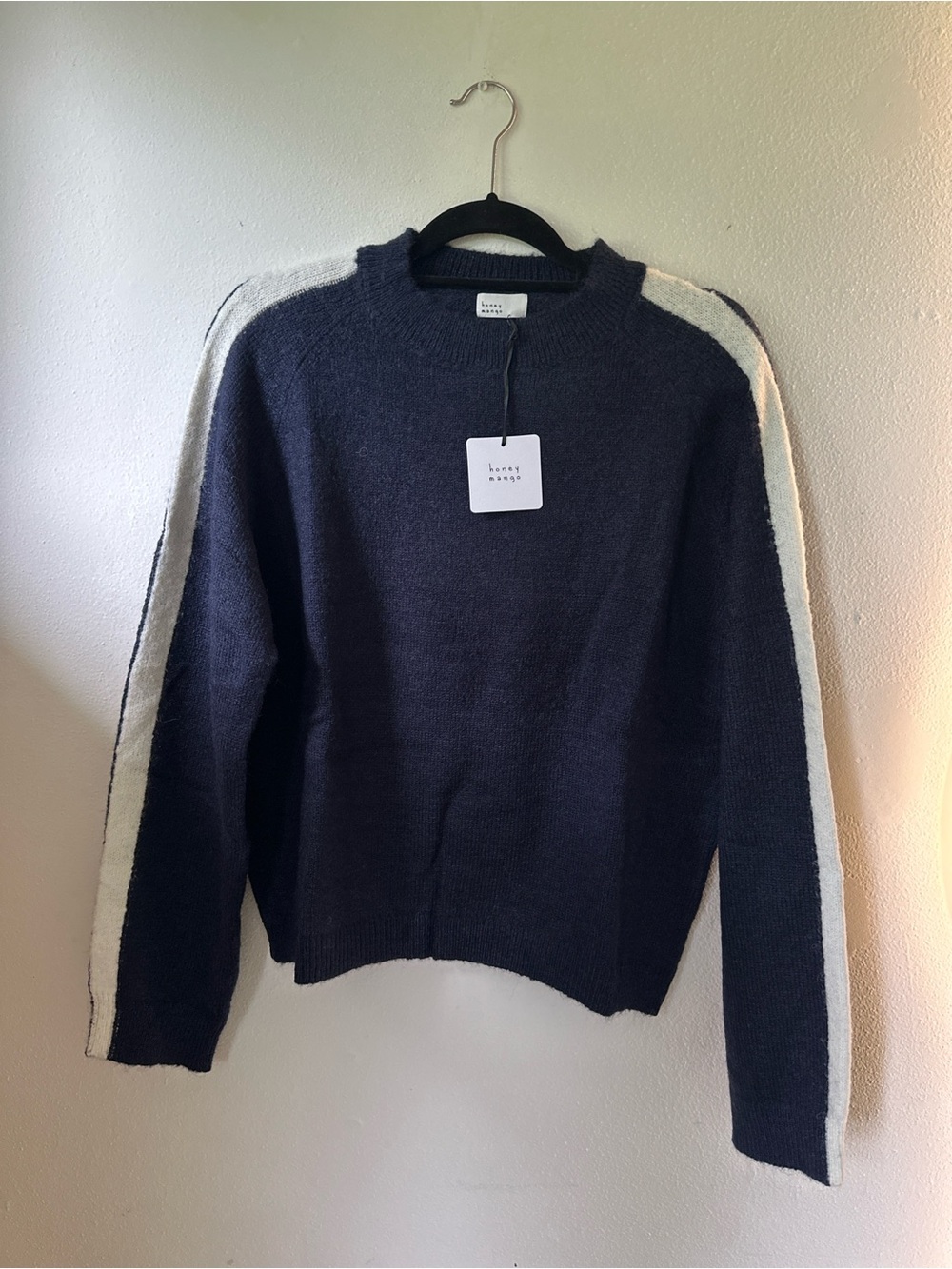 Navy Crewneck Sweater with Cream Shoulder Stripes